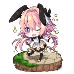  1boy animal_ears astolfo_(saber)_(fate) blush_stickers bunny_ears chibi commentary_request eyebrows_visible_through_hair fang fate/grand_order fate_(series) full_body grass highlights long_hair long_sleeves looking_at_viewer multicolored_hair one_eye_closed open_mouth otoko_no_ko pantyhose pink_hair purple_eyes skin_fang solo star_(symbol) tajima_yoshikazu tongue two-tone_hair white_hair 