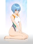  1girl adapted_costume arms_between_legs ayanami_rei barefoot blue_hair breasts competition_swimsuit covered_nipples english_commentary engrish_commentary looking_at_viewer medium_breasts neon_genesis_evangelion one-piece_swimsuit red_eyes reflection short_hair sitting smile solo swimsuit v_arms wariza watanabe_yasuaki 
