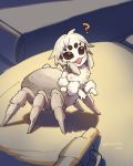  1girl ? absurdres animal_focus arachne book commentary_request english_commentary extra_eyes fluffy full_body highres insect_girl looking_at_viewer mikuromono minigirl mixed-language_commentary monster_girl no_humans open_mouth original pen shadow solo spider_girl standing twitter_username 