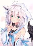  \n/ absurdres ahoge animal_ear_fluff animal_ears bare_shoulders blue_eyes blue_neckwear blue_ribbon braid clenched_hand collarbone detached_sleeves earrings eyebrows_visible_through_hair eyes_visible_through_hair finger_to_cheek flat_chest fox_ears fox_girl fox_tail highres hololive hood jewelry long_sleeves looking_at_viewer medium_hair pentagram ribbon school_uniform serafuku shirakami_fubuki simple_background smile sukemyon tail upper_body virtual_youtuber white_background white_hair 