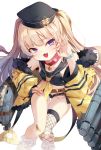  1girl :3 :d azur_lane bache_(azur_lane) bandaid bare_shoulders black_headwear black_shirt black_shorts blonde_hair choker crop_top fang fishnet_legwear fishnets fur_trim hat highres jacket long_hair long_sleeves looking_at_viewer micro_shorts midriff off_shoulder ok_sign open_clothes open_fly open_jacket open_mouth purple_eyes sailor_collar shirt shorts simple_background single_thighhigh sleeveless sleeveless_shirt smile socks solo soya_(torga) thighhighs thighs torpedo_tubes two_side_up white_background wristband yellow_jacket 