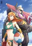  1girl armor beach_umbrella bikini bikini_bottom bikini_top blonde_hair blue_eyes bracer green_bikini helmet highres horned_headwear horned_helmet horns kunomd lei living_armor phantom_(the_legend_of_zelda) princess_zelda super_smash_bros. swimsuit the_legend_of_zelda umbrella 