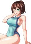  1girl absurdres arm_support blue_swimsuit brown_hair character_name competition_swimsuit copyright_request cowboy_shot green_eyes highres looking_at_viewer one-piece_swimsuit one_eye_closed short_hair simple_background sitting smile solo swimsuit virtual_youtuber white_background yurinozuku1112 