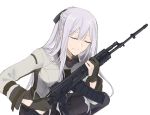  1girl ak-12 ak-12_(girls_frontline) black_gloves black_pants braid closed_eyes eyebrows_visible_through_hair girls_frontline gloves gun hair_ribbon hand_on_weapon holding holding_weapon jacket long_hair pants ribbon rifle silver_hair solo suprii weapon white_background 