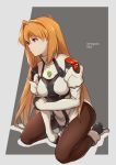  1girl breasts closed_mouth dress elhaym_van_houten gloves kiikii_(kitsukedokoro) long_hair orange_hair pantyhose purple_eyes solo uniform xenogears 