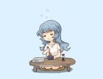  1girl blue_background bottle chopsticks cushion food full_body grey_hair kantai_collection long_hair looking_down nattou newspaper otoufu seiza simple_background sitting sleepy solo table wavy_hair wavy_mouth yamagumo_(kantai_collection) zabuton 