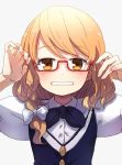  1girl bangs bespectacled black_neckwear black_vest blonde_hair blush bow bowtie braid buttons commentary glasses grey_background grin hair_bow hands_up kirisame_marisa long_hair looking_at_viewer no_hat no_headwear nva222 shirt simple_background single_braid smile solo swept_bangs touhou upper_body vest white_bow white_shirt yellow_eyes 