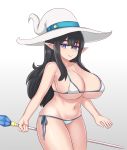  1girl bikini black_hair blue_eyes breasts cleavage collarbone commentary eyebrows_visible_through_hair gradient gradient_background hair_between_eyes hat highres huge_breasts long_hair looking_at_viewer nav navel original pointy_ears side-tie_bikini simple_background smile solo staff swimsuit thick_thighs thighs white_hat witch_hat 