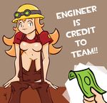  breasts engineer genderswap helmet long_hair medium_breasts naughty_face overalls pussy red_hair solo_focus team_fortress_2 undressing 
