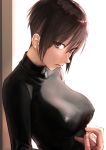  1girl backlighting breasts brown_eyes brown_hair erect_nipples eyebrows_visible_through_hair from_above highres kilye_4421 large_breasts lips looking_at_viewer looking_to_the_side no_bra original skin_tight solo turtleneck 