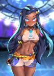  1girl abs armlet belly_chain black_hair blue_eyes blue_hair blurry blurry_background blush breasts cameltoe closed_mouth commentary covered_nipples cowboy_shot dark_skin earrings embarrassed eyeshadow foxy_rain gym_leader hair_bun highres holding holding_poke_ball hoop_earrings jewelry long_hair makeup multicolored_hair navel necklace poke_ball poke_ball_(basic) pokemon pokemon_(game) pokemon_swsh rurina_(pokemon) shiny shiny_skin solo swimsuit tankini two-tone_hair 