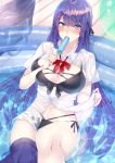  1girl bikini blue_eyes blush breasts cleavage commentary_request eating eyebrows_visible_through_hair food highres kaerunoashi large_breasts long_hair looking_at_viewer navel original partially_submerged popsicle purple_hair shirt skirt solo swimsuit water wet 