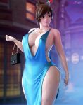  1girl 3d bag bangle bangs bare_legs blue_dress bracelet breasts brown_eyes cleavage covered_nipples dress earrings fugtrup glasses gold-framed_eyewear hair_ornament hair_stick handbag highres hoop_earrings jewelry large_breasts lips long_dress mei_(overwatch) necklace no_bra no_panties overwatch pelvic_curtain plunging_neckline revealing_clothes side_slit sideboob solo standing swept_bangs thick_thighs thighs 
