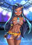  1girl abs armlet belly_chain black_hair blue_eyes blue_hair blurry blurry_background blush breasts cameltoe closed_mouth commentary covered_nipples cowboy_shot dark_skin earrings embarrassed eyeshadow foxy_rain gym_leader hair_bun highres holding holding_poke_ball hoop_earrings jewelry long_hair makeup multicolored_hair navel necklace poke_ball poke_ball_(basic) pokemon pokemon_(game) pokemon_swsh rurina_(pokemon) see-through shiny shiny_skin solo swimsuit tankini two-tone_hair wet wet_clothes 