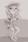  2020 anthro barefoot clothed clothing disney ears_down fuchs fur hat headgear headwear hi_res judy_hopps lagomorph leporid mammal meme monochrome mouth_hold pivoted_ears rabbit smile solo standing zootopia 