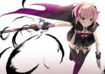  aura black_legwear cape chinami_ura chiyoda_momo elbow_gloves eyebrows_visible_through_hair fingerless_gloves gloves hair_ornament hairclip halter_dress highres machikado_mazoku midriff pink_hair shiny shiny_hair skirt solo sword thighhighs weapon 