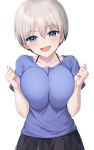  1girl :d blue_eyes blue_shirt blush bra_strap breast_squeeze breasts collarbone commentary_request eyebrows_visible_through_hair fang hair_between_eyes halterneck highres large_breasts looking_at_viewer open_mouth shirt short_hair short_sleeves silver_hair simple_background skin_fang smile solo upper_body uzaki-chan_wa_asobitai! uzaki_hana white_background yumaomi 