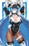  1girl absurdres akame_ga_kill! alternate_costume animal_ears armpits black_leotard blue_eyes blue_hair blush boots bow bowtie breasts bunny_ears bunny_girl bunny_pose bunny_tail bunnysuit choker cleavage closed_mouth covered_navel cowboy_shot detached_sleeves esdeath fake_animal_ears fishnet_legwear fishnets hair_between_eyes hat highleg highleg_leotard highres large_breasts leotard long_hair looking_at_viewer nez-box pantyhose signature smile solo strapless strapless_leotard tail tattoo thigh_boots thighhighs very_long_hair 