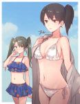  2girls bikini blue_bikini blush border breast_envy breasts brown_eyes brown_hair cleavage closed_mouth cloud day eyebrows_visible_through_hair flat_chest floral_print frilled_bikini frills green_eyes green_hair halterneck kaga_(kantai_collection) kantai_collection kasumi_(skchkko) large_breasts long_hair multiple_girls outdoors ponytail side-tie_bikini side_ponytail sky string_bikini swimsuit twintails white_bikini white_border zuikaku_(kantai_collection) 