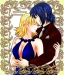  1boy 1girl athrun_zala blonde_hair blue_dress blue_hair breasts cagalli_yula_athha cleavage closed_eyes couple dress earrings gundam gundam_seed gundam_seed_destiny hand_on_another&#039;s_shoulder handkerchief hug hug_from_behind jewelry mutual_hug necktie parubinko red_suit smile 