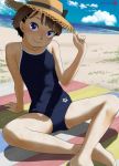  1girl arena_(company) beach blue_eyes blue_sky brown_hair cloud commentary_request competition_school_swimsuit crossed_legs day flat_chest hair_ornament hairclip hat highres logo looking_at_viewer mu-pyon original outdoors school_swimsuit short_hair sitting sky solo straw_hat sun_hat swimsuit 