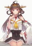  1girl ahoge black_skirt boots brown_hair detached_sleeves double_bun finger_to_mouth hairband hakama_skirt headgear japanese_clothes kantai_collection kasumi_(skchkko) kongou_(kantai_collection) long_hair pleated_skirt popped_collar remodel_(kantai_collection) ribbon-trimmed_sleeves ribbon_trim simple_background sitting skirt solo thigh_boots thighhighs white_background 