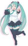  1girl :d absurdres aqua_eyes aqua_hair aqua_nails detached_sleeves hatsune_miku highres leg_lift long_hair necktie open_mouth plump reaching_out simple_background sketch skirt smile solo thick_thighs thighhighs thighs tomatomagica twintails very_long_hair vocaloid white_background zettai_ryouiki 