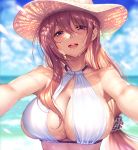  1girl :d bangs beach bikini blurry blurry_background blush breasts brown_hair day eyebrows_visible_through_hair hair_between_eyes hair_ornament hair_scrunchie halter_top halterneck hanikami_kanojo hat large_breasts long_hair looking_at_viewer low-tied_long_hair mole mole_under_mouth open_mouth original outdoors piromizu purple_eyes reaching_out scrunchie sidelocks smile solo sun_hat swimsuit wet 