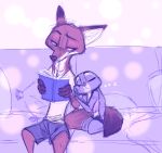  2020 anthro book bottomwear canid canine clothed clothing disney duo eyes_closed fox fully_clothed fur furniture holding_book holding_object judy_hopps lagomorph leporid mammal nick_wilde qalcove rabbit red_fox shirt shorts sitting sleeping sofa sound_effects t-shirt topwear zootopia zzz 