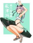  1girl :d ahoge aircraft airplane akitsushima_(kantai_collection) barefoot character_name flying_boat frilled_cuffs full_body kantai_collection kitsuneno_denpachi long_hair nishikitaitei-chan open_clothes open_mouth purple_eyes purple_hair side_ponytail sidelocks smile solo toes waving wrist_cuffs 