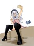  blue_eyes character_request commentary_request copyright_name eden&#039;s_zero full_body hat high_heels long_hair mashima_hiro open_mouth phone simple_background sitting sleeveless taking_picture teeth thighhighs tongue v white_background white_hair 