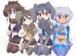  4girls african_elephant_(kemono_friends) african_forest_elephant_(kemono_friends) anklet bikini bikini_top blue_eyes blue_legwear blue_shirt bow bowtie brown_hair brown_legwear brown_neckwear commentary crop_top denim denim_shorts elephant_ears elephant_girl elephant_tail eyebrows_visible_through_hair gradient gradient_legwear grey_eyes grey_hair grey_legwear grey_neckwear highres indian_elephant_(kemono_friends) jewelry kemono_friends long_hair mammoth_(kemono_friends) midriff multicolored multicolored_clothes multicolored_legwear multiple_girls navel necktie orange_eyes scarf shirt short_hair short_shorts shorts shrug_(clothing) sitting squatting swimsuit symbol_commentary tatsuno_newo thighhighs wariza winter_clothes yellow_shirt zettai_ryouiki 