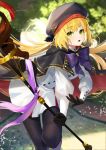  1girl artoria_pendragon_(all) artoria_pendragon_(caster) blonde_hair blurry blurry_background bow eyebrows_visible_through_hair fate/grand_order fate_(series) gloves green_eyes hat highres long_hair long_sleeves looking_at_viewer nima_(niru54) open_mouth pantyhose skirt solo staff standing tongue 