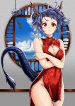  1girl arknights bare_arms bare_shoulders blue_hair blue_sky breasts ch&#039;en_(arknights) china_dress chinese_clothes cleavage cleavage_cutout commentary_request cowboy_shot crossed_arms day dragon_horns dragon_tail dress groin hair_bun highres horns kama_o_nu looking_at_viewer medium_breasts pelvic_curtain red_dress red_eyes short_hair sky sleeveless sleeveless_dress solo standing tail thighs wind_chime 