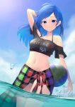  1girl adapted_costume arm_up ball bare_shoulders beachball bikini black_bikini black_shirt blue_eyes blue_hair blue_sky closed_mouth clothes_writing cloud day floating_hair hecatia_lapislazuli hecatia_lapislazuli_(earth) highres kanpa_(campagne_9) light_smile long_hair looking_at_viewer midriff navel no_headwear off-shoulder_shirt off_shoulder outdoors palm_tree sarong shirt short_sleeves sky solo standing summer swimsuit touhou tree wading 