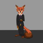  1:1 2020 6vulpes anthro barefoot bottomwear canid canine cellphone clothing disney fox fur green_eyes grey_background hi_res holding_cellphone holding_object holding_phone holding_weapon male mammal necktie nick_wilde orange_body orange_fur pants phone red_fox simple_background solo standing suit weapon zootopia 