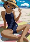  1girl arena_(company) beach blue_eyes blue_sky brown_hair cloud commentary_request competition_school_swimsuit crossed_legs day flat_chest hair_ornament hairclip hat highres logo looking_at_viewer mu-pyon original outdoors school_swimsuit short_hair sitting sky solo straw_hat sun_hat swimsuit tan tanline 