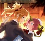  2girls artist_name blonde_hair blue_eyes braid butler eyebrows_visible_through_hair fate/grand_order fate_(series) frankenstein&#039;s_monster_(fate) gloves green_eyes hair_bun hair_over_one_eye horns long_sleeves looking_at_another maid meiji_ken mordred_(fate) mordred_(fate)_(all) multiple_girls pink_hair ponytail single_horn twitter_username upper_body watermark 