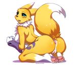  anime anthro anus blue_eyes breasts butt cute_expression cute_face digimon digimon_(species) female fluffy fluffy_tail genitals kneeling looking_at_viewer michikochan paws pinup pose pussy renamon side_boob simple_background solo video_games white_background 