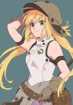  1girl ahoge artoria_pendragon_(all) artoria_pendragon_(caster) bare_shoulders belt blonde_hair breasts eyebrows_visible_through_hair eyes_visible_through_hair fate/grand_order fate_(series) gloves green_eyes hat isshoku_(shiki) long_hair looking_at_viewer pouch simple_background sleeveless small_breasts smile solo upper_body 