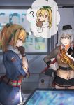  2girls absurdres belt black_gloves black_skirt blonde_hair blue_jacket brown_gloves brown_jacket eyebrows_visible_through_hair fingerless_gloves girls_frontline gloves green_ribbon grey_eyes grey_hair hair_between_eyes hair_ribbon hairband hand_on_hand hand_on_hip hat highres huge_filesize jacket long_hair looking_at_another looking_down military military_hat military_jacket military_uniform multiple_girls muteppona_hito open_mouth ponytail red_eyes ribbon russian_flag scarf shirt silver_hair skirt sv-98_(girls_frontline) svd_(girls_frontline) sweatdrop tape thinking thinking_emoji uniform weapon_case white_scarf white_shirt 