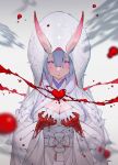  1girl blood bloody_hands blue_hair blurry_foreground breasts bride bukurote cleavage commentary_request expressionless fingernails glitch hair_between_eyes hands_up heart hemokinesis highres hood hood_up horns japanese_clothes kimono large_breasts long_hair looking_at_viewer oni oni_horns original parted_lips pink_eyes purple_eyes sharp_fingernails solo tearing_up tears uchikake upper_body white_kimono wide_sleeves 