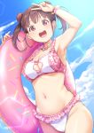  1girl :d arm_up armpits bangs bare_arms bare_hips bare_shoulders bikini blue_sky blush bracelet breasts brown_hair cleavage cleavage_cutout commentary_request cowboy_shot day double_bun eyebrows_visible_through_hair food food_themed_clothes frilled_bikini frills groin highres idolmaster idolmaster_shiny_colors innertube jewelry kanabun lens_flare looking_at_viewer macaron medium_breasts navel necklace open_mouth outdoors polka_dot polka_dot_bikini red_eyes round_teeth short_hair short_twintails sky smile solo sonoda_chiyoko stomach sunlight swimsuit teeth twintails upper_teeth v white_bikini 