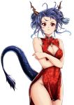  1girl arknights bare_arms bare_shoulders blue_hair breasts ch&#039;en_(arknights) china_dress chinese_clothes cleavage cleavage_cutout commentary_request cowboy_shot crossed_arms dragon_horns dragon_tail dress groin hair_bun horns kama_o_nu looking_at_viewer medium_breasts pelvic_curtain red_dress red_eyes short_hair simple_background sleeveless sleeveless_dress solo standing tail thighs white_background 