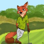  1:1 2020 6vulpes anthro barefoot belt bottomwear canid canine clothing disney fox full-length_portrait fur golf_club grass hi_res looking_at_viewer male mammal nick_wilde orange_body orange_fur outside pants portrait red_fox shirt smile solo standing topwear zootopia 
