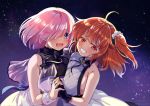  2girls ahoge bare_shoulders breasts commentary_request dress eyebrows_visible_through_hair fate/grand_order fate_(series) fujimaru_ritsuka_(female) gloves hair_between_eyes hair_over_one_eye large_breasts looking_at_viewer mash_kyrielight multiple_girls open_mouth orange_hair pink_hair purple_eyes ruri_rarako side_ponytail sleeveless teeth tongue upper_body 