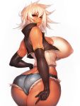  1girl ass black_gloves blazblue breasts bullet_(blazblue) butt_crack covered_nipples dark_skin denim denim_shorts elbow_gloves from_behind fumio_(rsqkr) gloves highres huge_breasts long_hair looking_at_viewer looking_back red_eyes short_shorts shorts solo thick_thighs thighs trefoil white_hair 