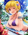  +_+ 2girls ;d anko222g armlet banana_boat bangs bare_arms bare_shoulders bikini blonde_hair blue_flower blunt_bangs blush breast_rest breasts brown_eyes brown_hair building bush chain cleavage collarbone commentary_request cowboy_shot crossed_arms day earrings eyebrows_visible_through_hair fingernails flower fukuda_noriko glint gold_chain groin hair_flower hair_ornament halter_top halterneck hibiscus highres hoop_earrings idolmaster idolmaster_million_live! inflatable_toy jewelry looking_at_viewer matsuda_arisa medium_breasts multiple_girls necklace o-ring o-ring_bikini o-ring_top one_eye_closed open_mouth outdoors palm_tree parasol partially_submerged peeking_out pendant petals pool pool_ladder poolside purple_bikini red_flower short_hair smile solo_focus sparkle star_(symbol) star_necklace string_bikini swimsuit tree twintails umbrella water_drop wet wet_hair yellow_flower 