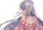  1girl bangs bare_shoulders blush breasts emilia_(re:zero) eyebrows_visible_through_hair flower from_behind hair_flower hair_ornament long_hair long_sleeves looking_at_viewer off_shoulder open_mouth petals pink_shirt pointy_ears purple_eyes raizen_(jung_0000) re:zero_kara_hajimeru_isekai_seikatsu shirt shoulder_blades silver_hair simple_background smile solo upper_body white_background x_hair_ornament 