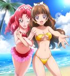  2girls akagi_towa amanogawa_kirara beach bikini bikini_skirt blue_sky breasts brown_hair cleavage cloud collarbone commentary_request cowboy_shot day earrings frilled_bikini frills go!_princess_precure groin hairband hanzou highres horizon jewelry long_hair looking_at_viewer medium_breasts multiple_girls ocean outdoors pink_bikini precure purple_eyes red_eyes red_hair sky smile sparkle star_(symbol) star_earrings swimsuit white_hairband yellow_bikini 